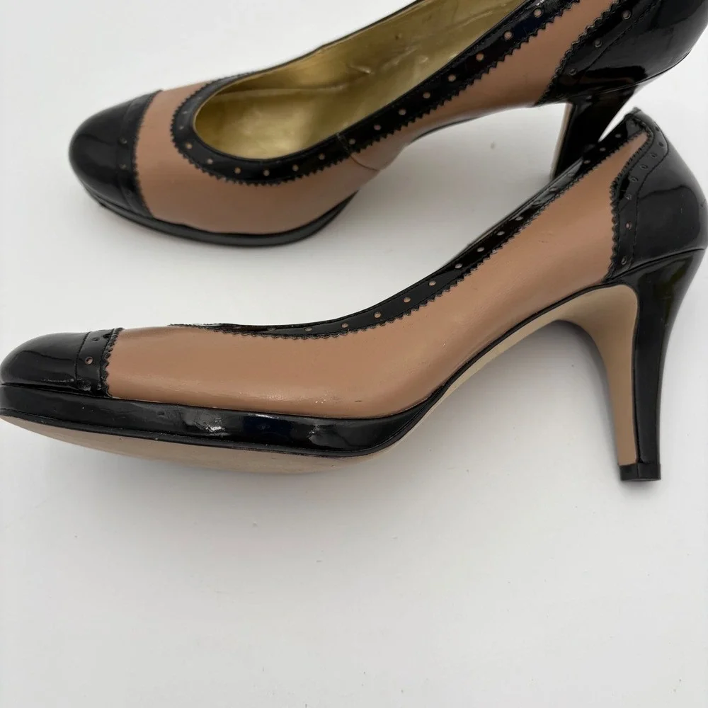 AK Anne Klein Women‎ Tan Black Cap Toe Brogue Heel Pumps Shoes Size 9.5M